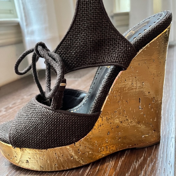 YVES SAINT LAURENT CANVAS WEDGE SANDALS BROWN 38 - Picture 5 of 12
